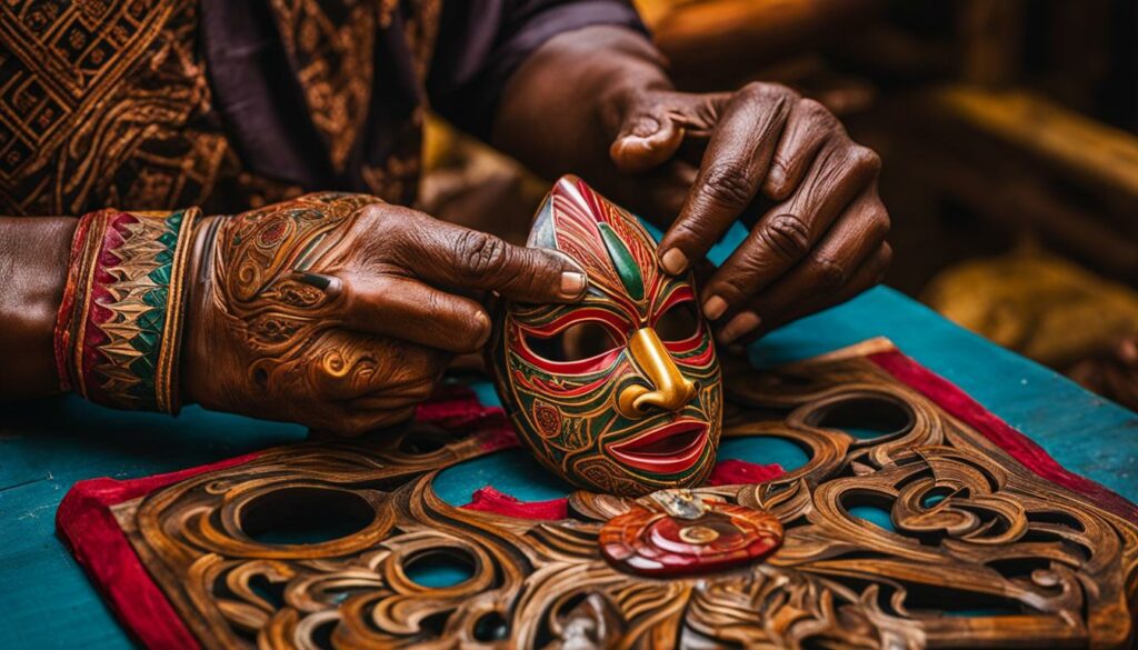 Handgefertigte Masken für den Tari Topeng in Lombok